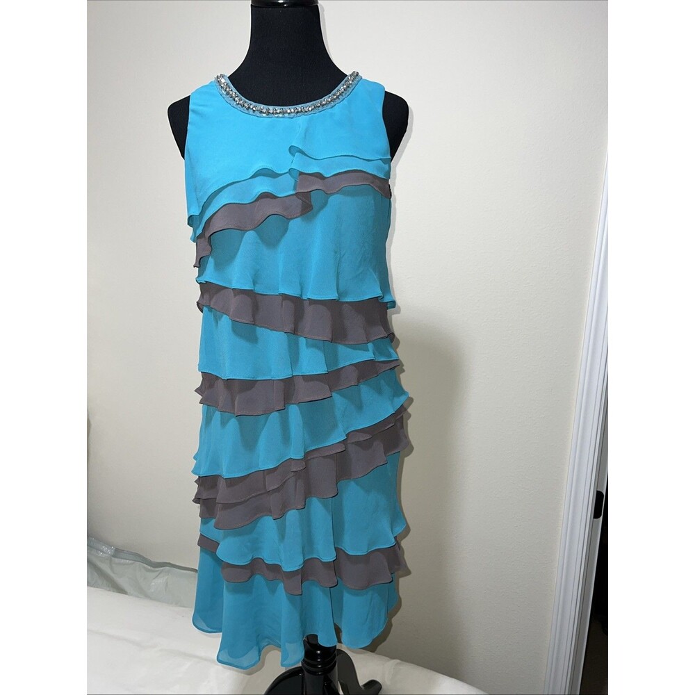 COMPAGNA Korean Dress Tiered Layered Teal Gray Rhinestones Lined Sz 55 US S